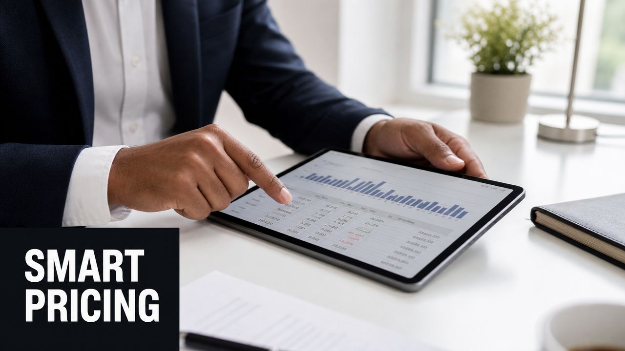 A professional man using a tablet to analyze business data with charts and numbers in an office.