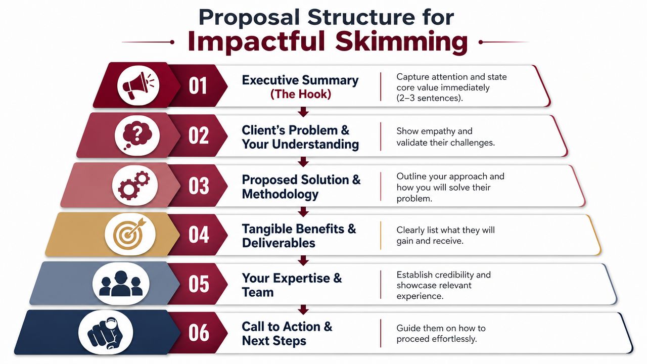 A pyramid infographic showing a six-step proposal structure designed for effective and impactful reader skimming.