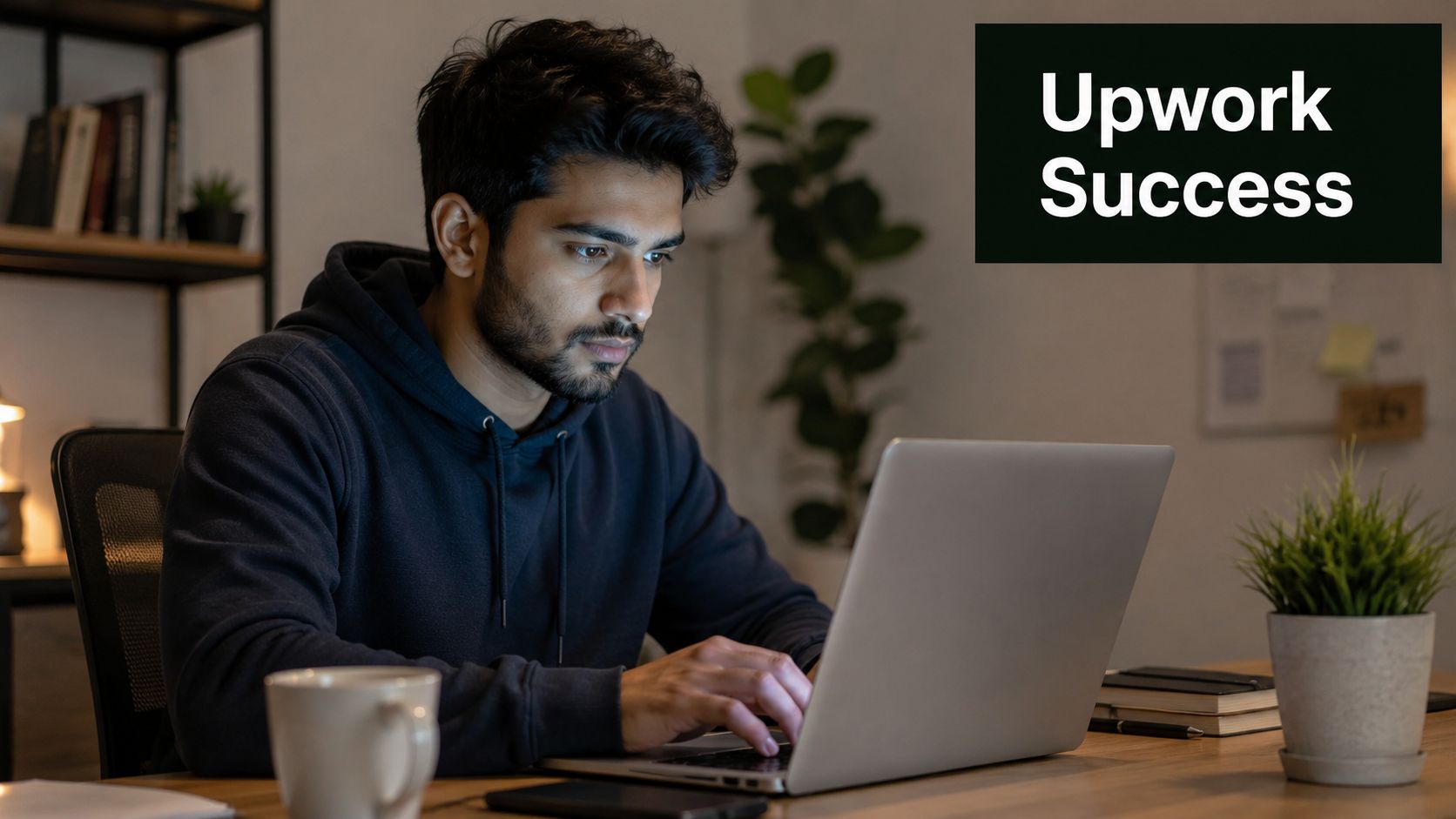 A focused man working on his laptop at a desk in a dimly lit office space.