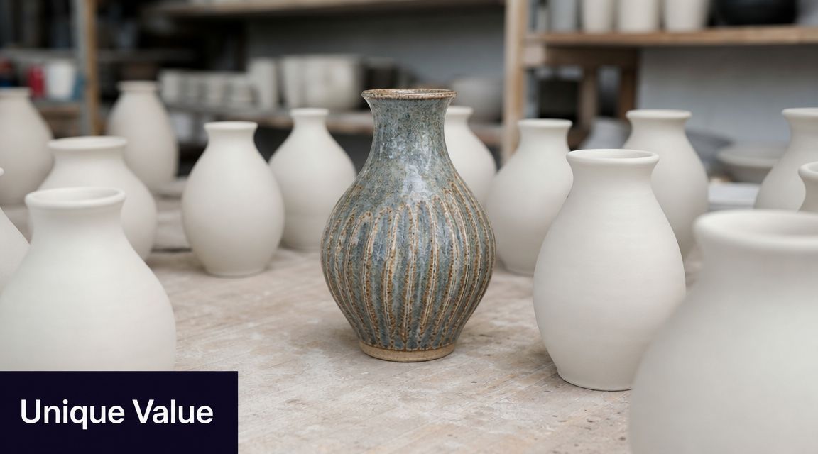 A unique, textured blue-green ceramic vase stands out amidst many plain white, unglazed clay pottery vases.