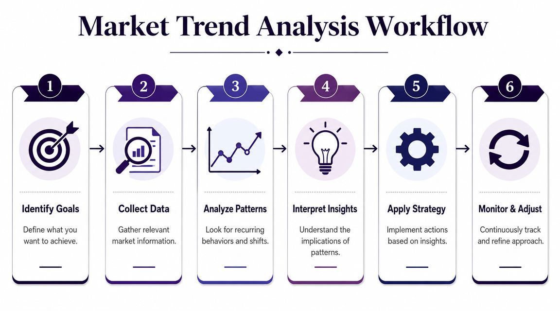 A six-step infographic showing a Market Trend Analysis Workflow process from setting goals to monitoring progress.