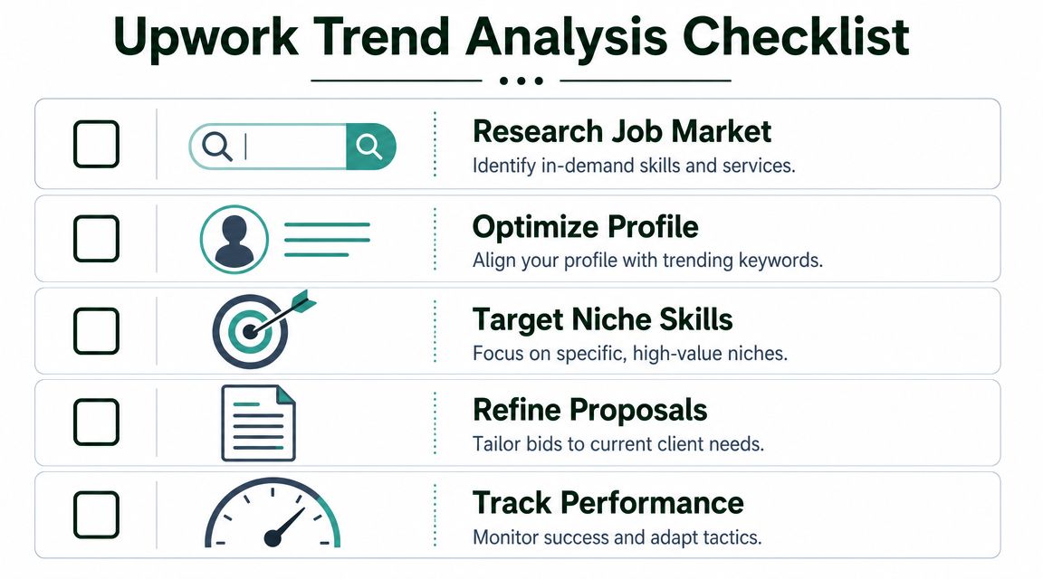 An Upwork trend analysis checklist infographic with five steps for freelance success on the platform.