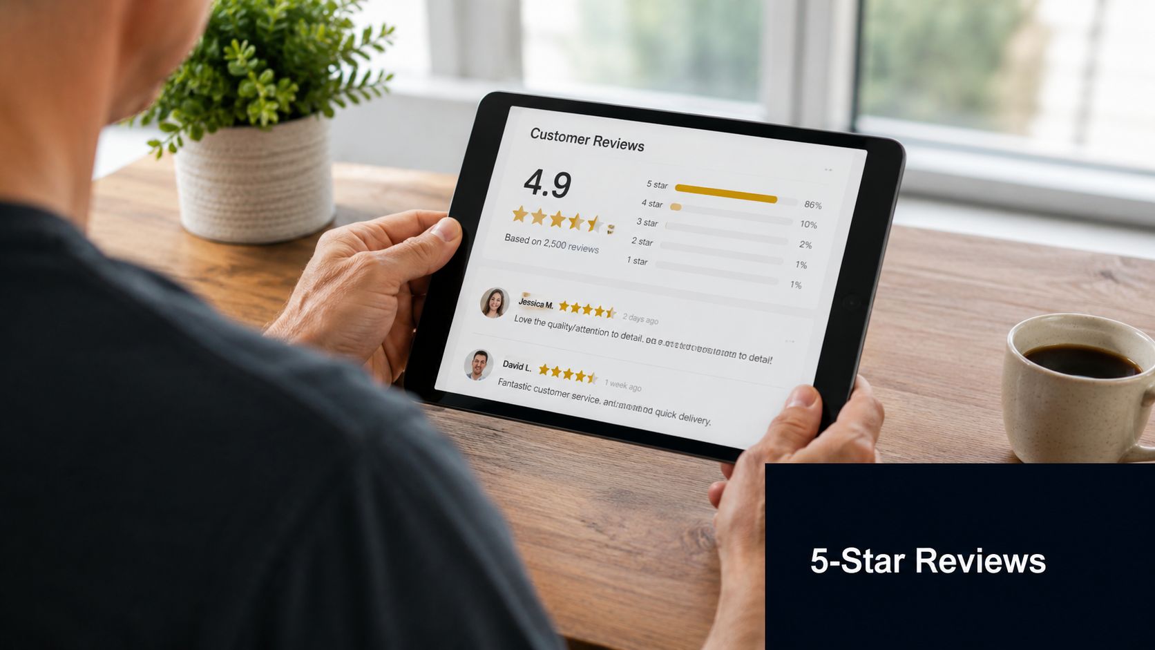 A person holding a tablet displaying a customer reviews page with a 4.9 star rating average.