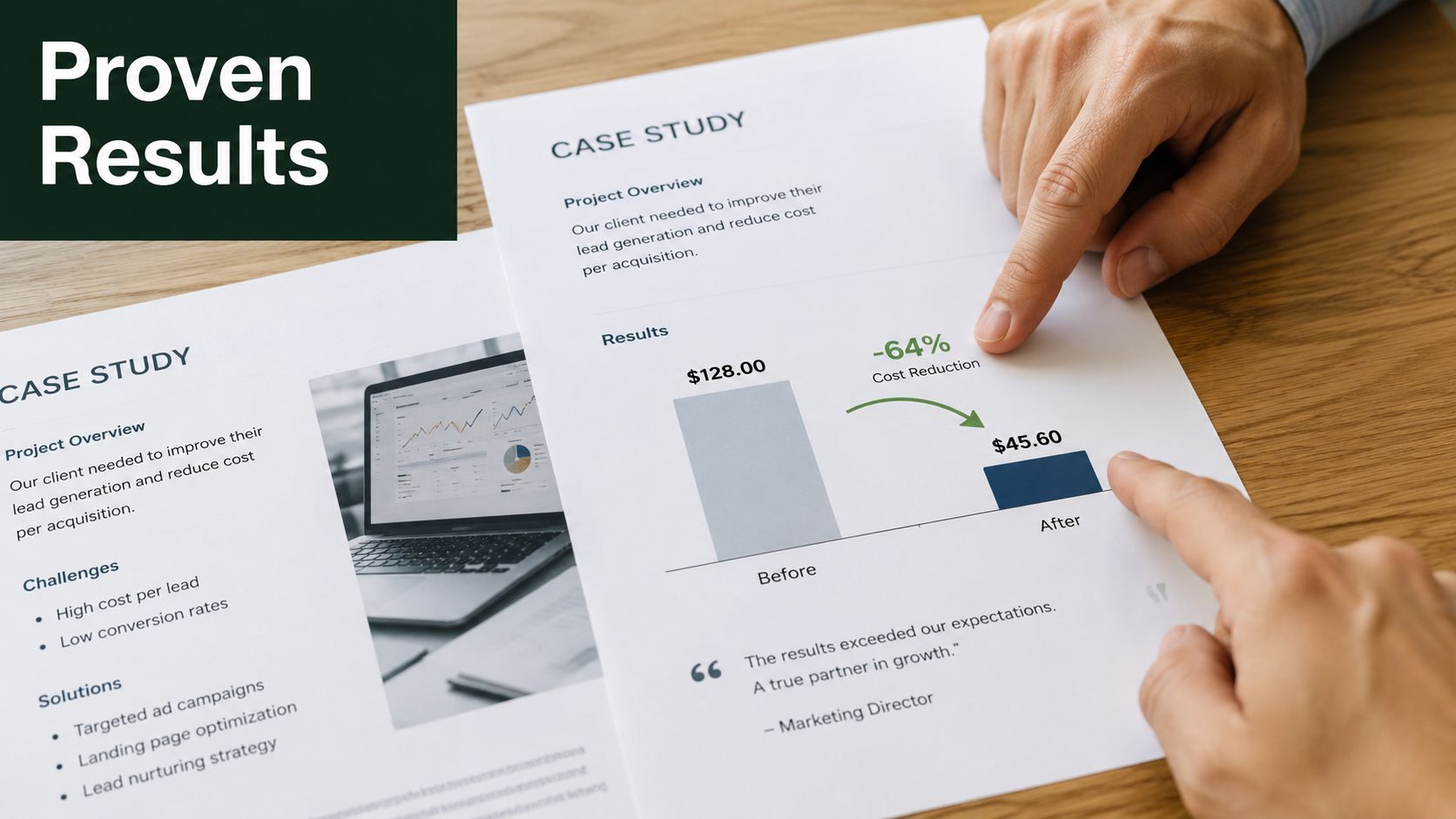 A professional document highlighting a case study with business statistics showing a cost reduction after marketing interventions.