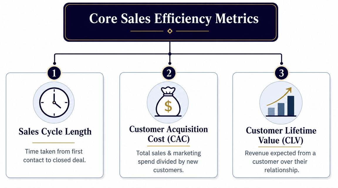 A diagram outlining three core sales efficiency metrics including sales cycle length, CAC, and CLV.