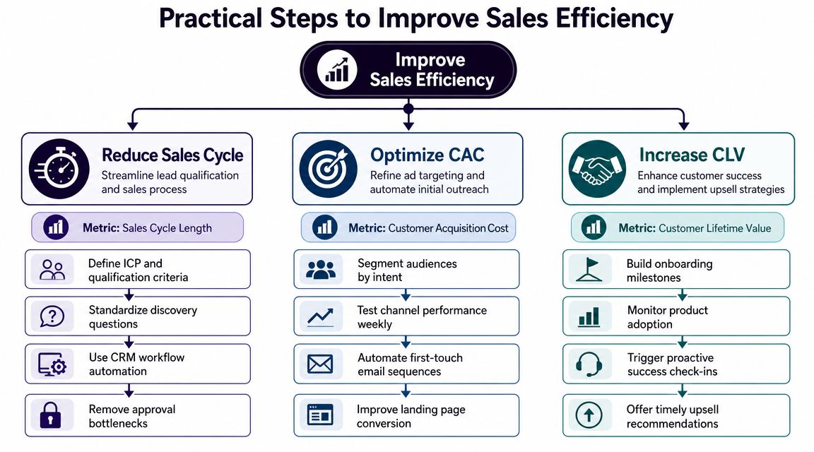 An infographic detailing practical steps to improve sales efficiency through reducing sales cycles, optimizing CAC, and increasing CLV.