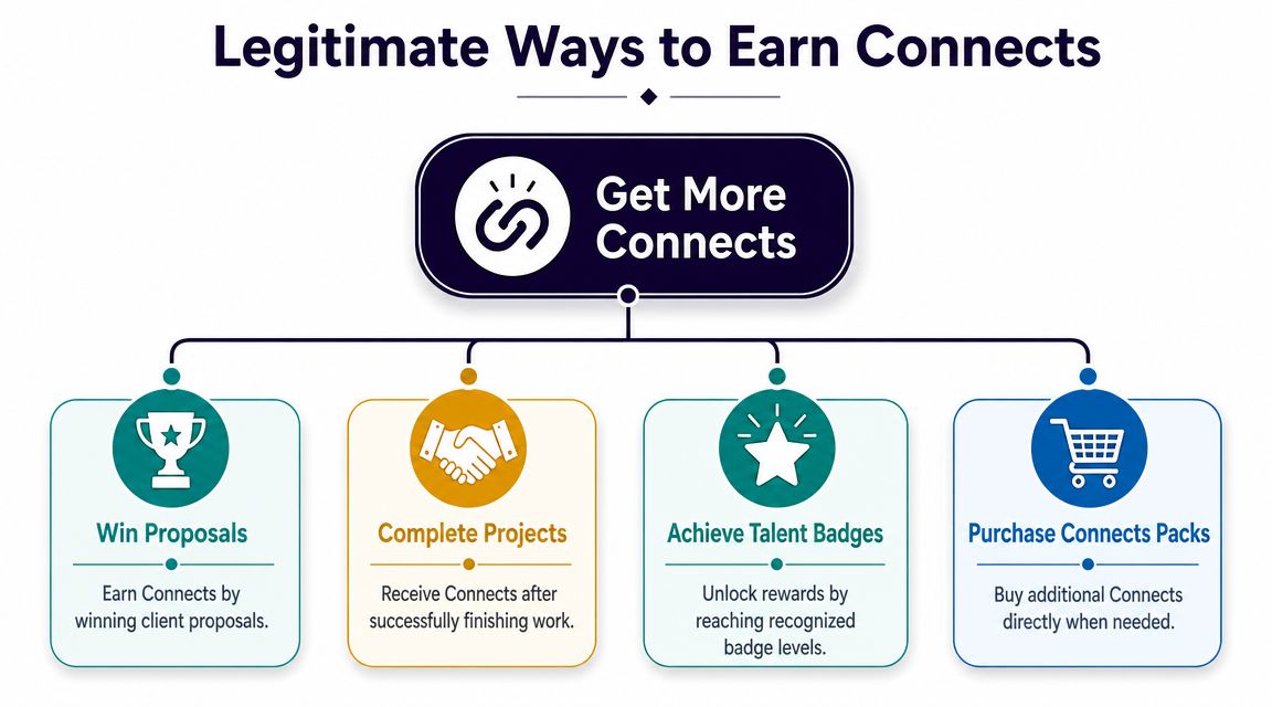 A diagram outlining four legitimate methods to earn Upwork connects: winning proposals, completing projects, achieving talent badges, and purchasing.