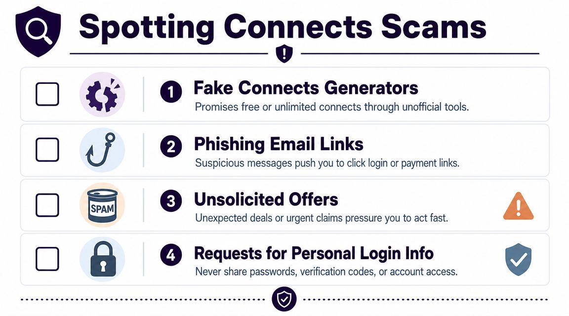An infographic detailing four common types of scams related to Upwork connects, including phishing and unsolicited offers.