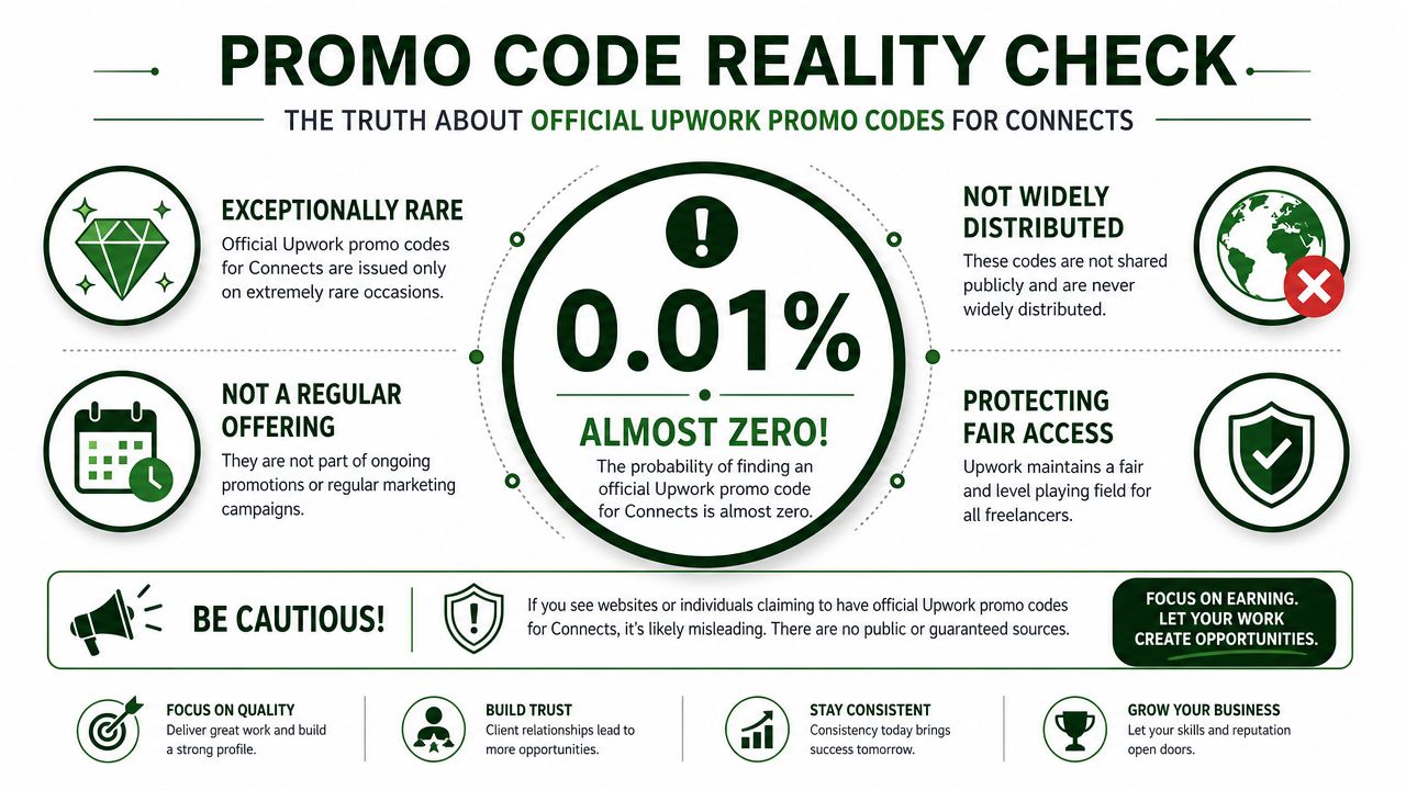 An infographic titled Promo Code Reality Check explaining that official Upwork promo codes for Connects are rare.