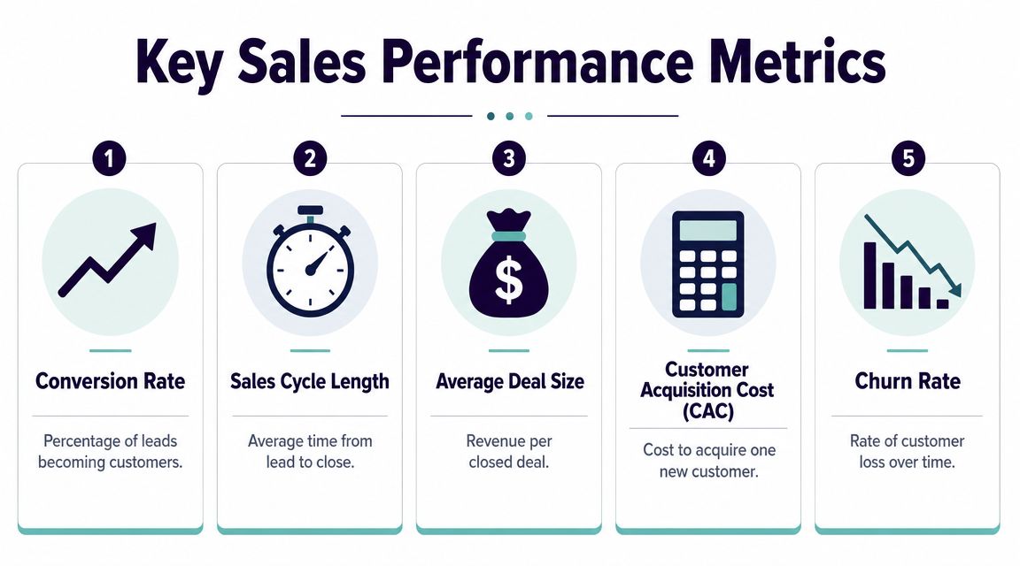 A diagram outlining five key sales performance metrics including conversion rate, sales cycle length, and churn rate.
