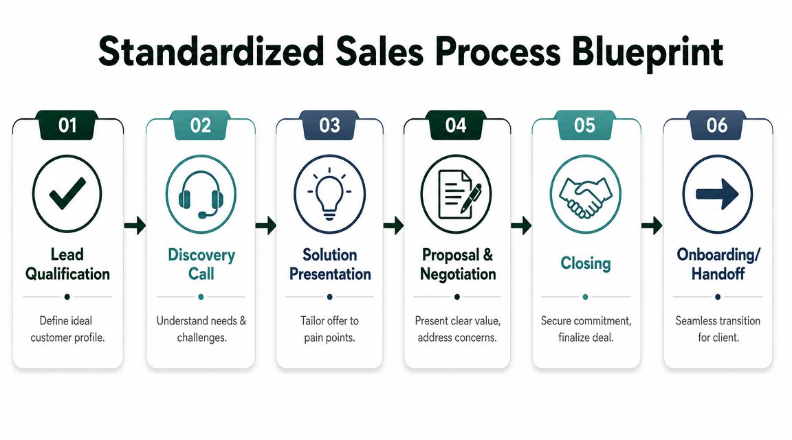 A flowchart showing the six-step standardized sales process blueprint from lead qualification to onboarding and handoff.