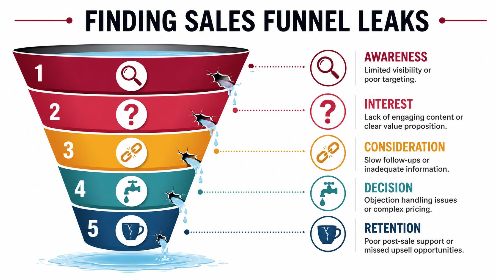 A funnel diagram illustrating five stages of a sales funnel with leaks representing common business process inefficiencies.