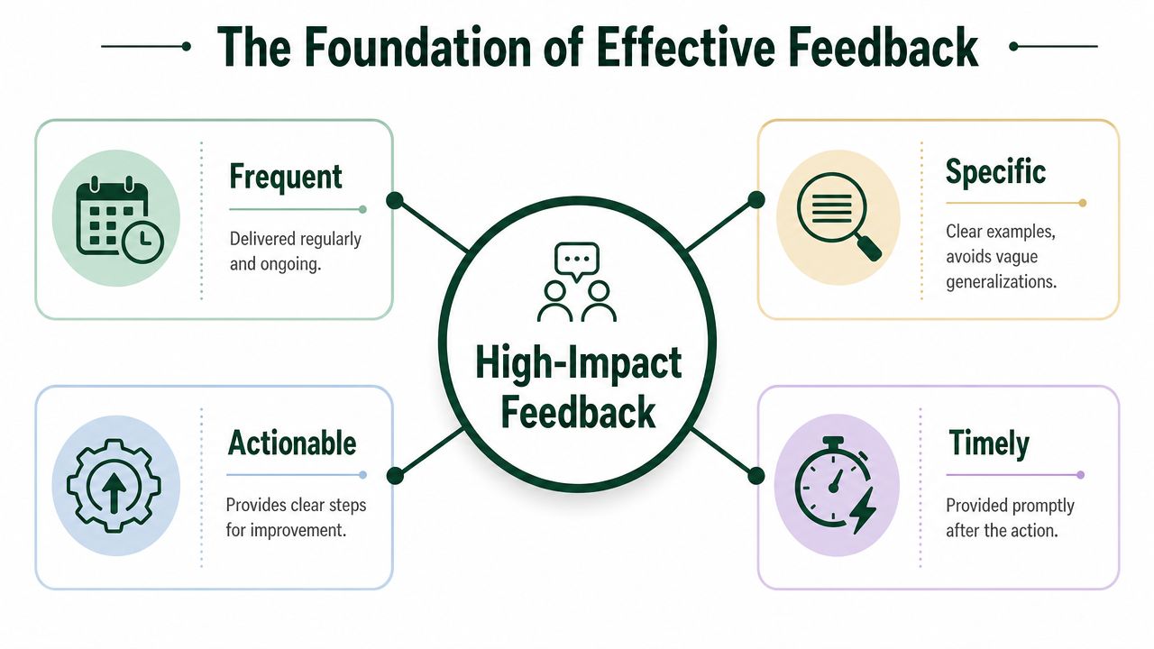An infographic titled The Foundation of Effective Feedback showing four key principles: frequent, specific, actionable, and timely.