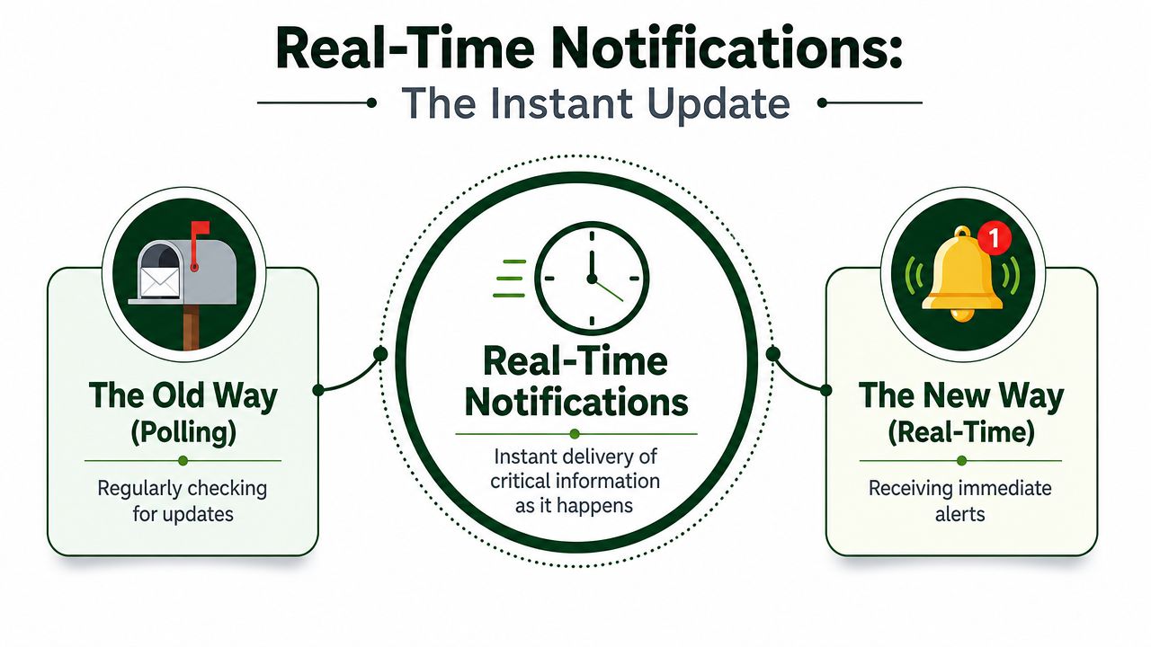 A diagram comparing traditional polling methods with modern real-time notifications for instant information delivery.
