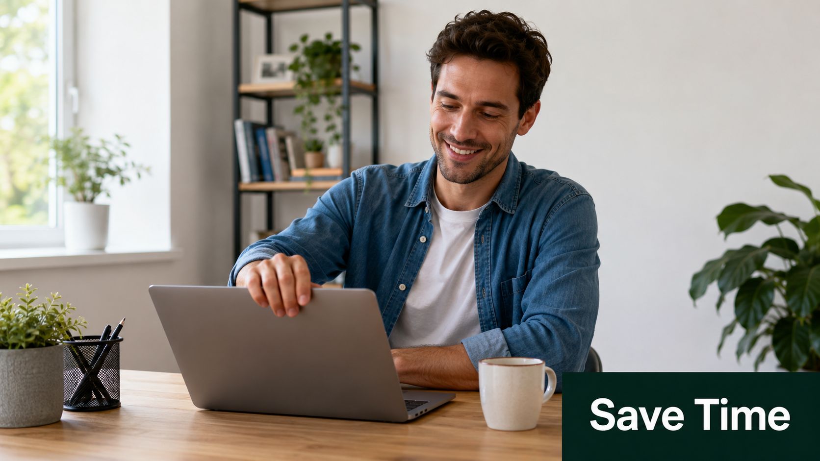 A smiling young man in a denim shirt working on a laptop at a bright home office desk.