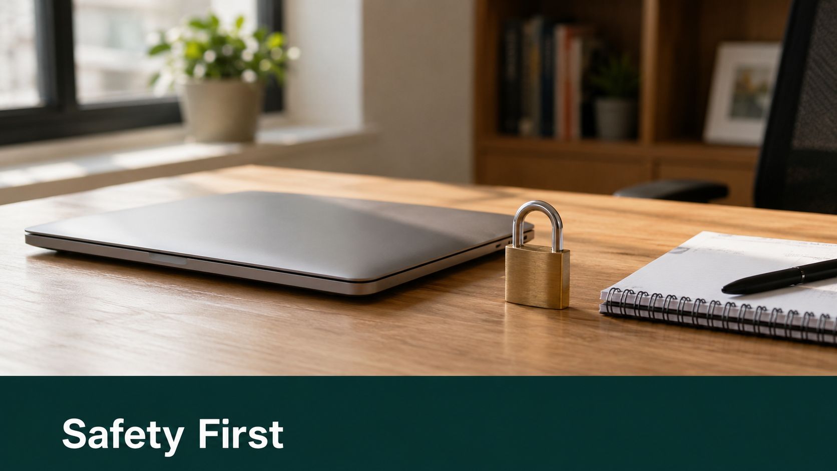 A closed laptop with a brass padlock on a wooden desk, symbolizing digital security and data protection.