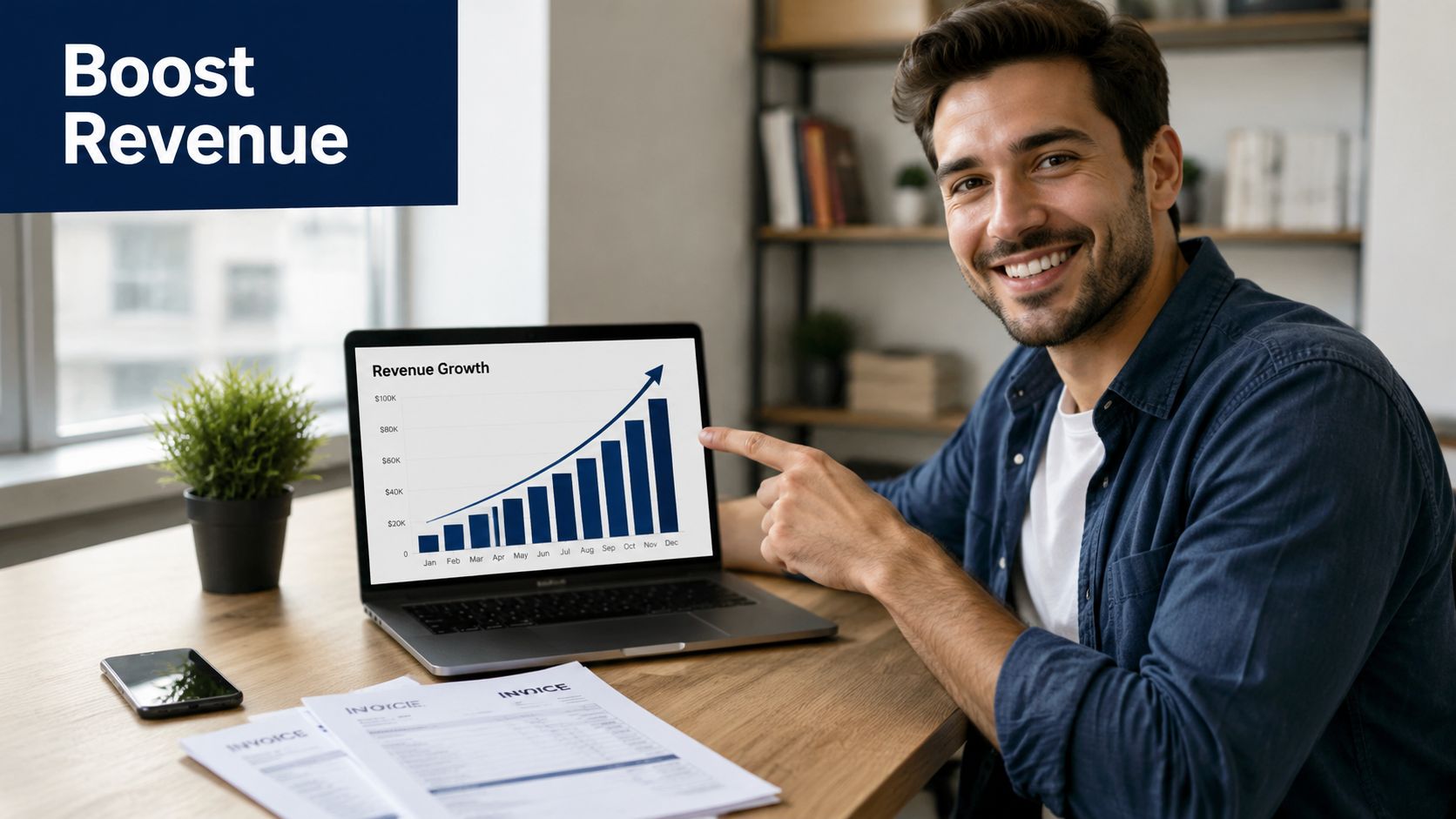 A smiling man pointing at a laptop screen showing a positive revenue growth bar chart.