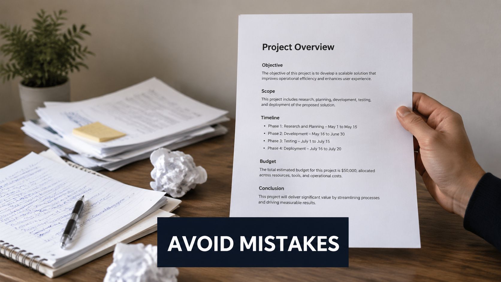 A person holds a professional project overview document while sitting at a desk with office supplies.