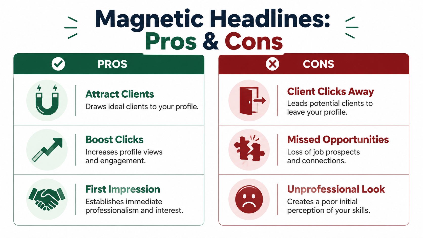 A comparison chart showing the benefits and drawbacks of using magnetic headlines for your professional profile.