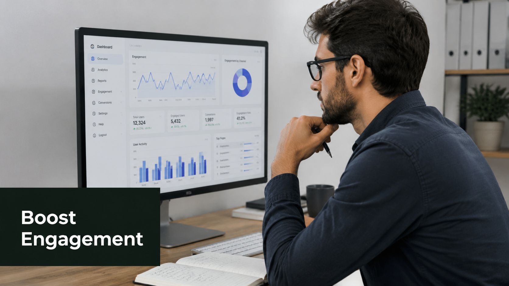 A professional analyzing website user engagement metrics and data analytics on a large computer monitor in office.