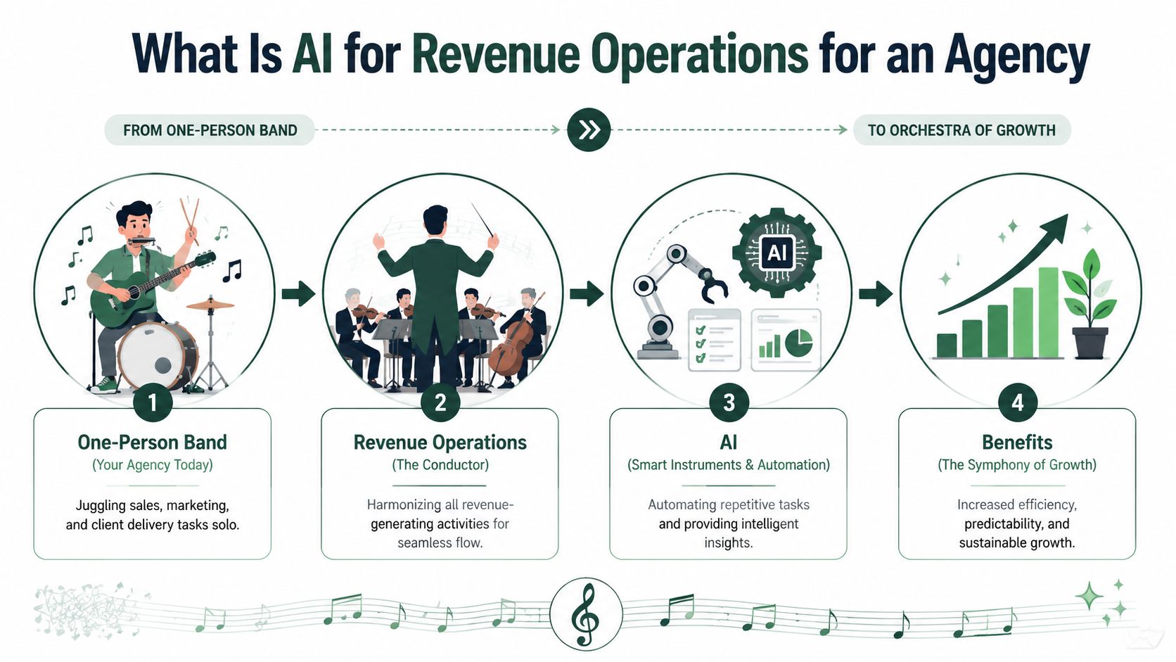 An infographic illustrating how AI transforms an agency from a one-person operation into a growth-focused orchestra.