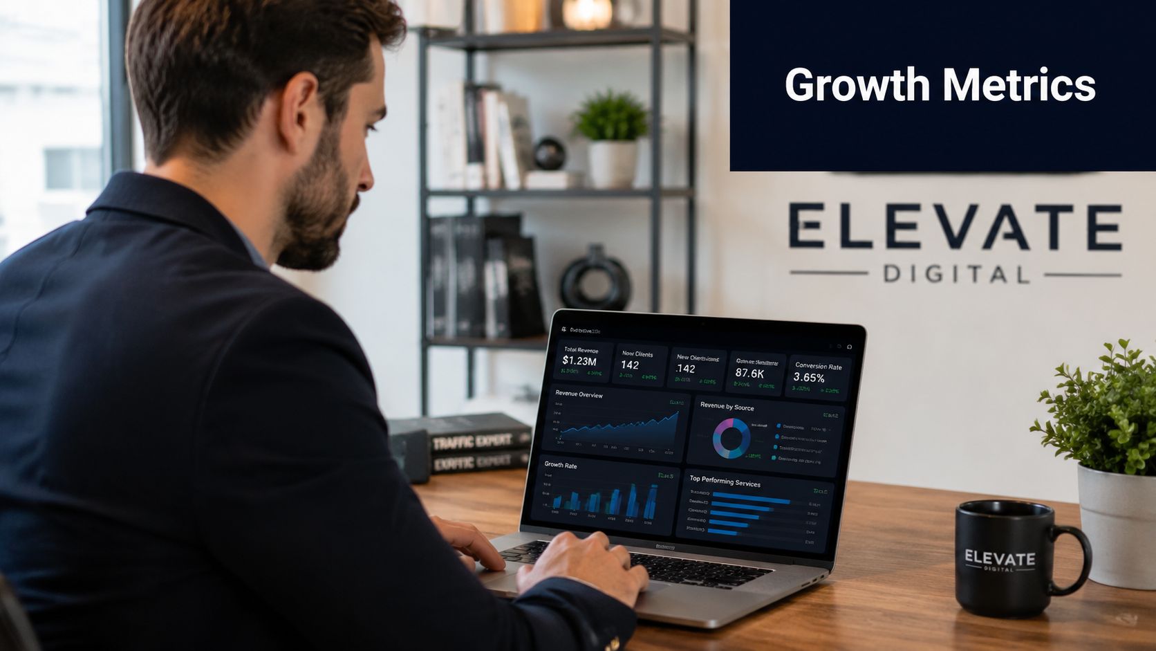 A professional analyzing digital growth metrics on a laptop screen while working at a modern desk.