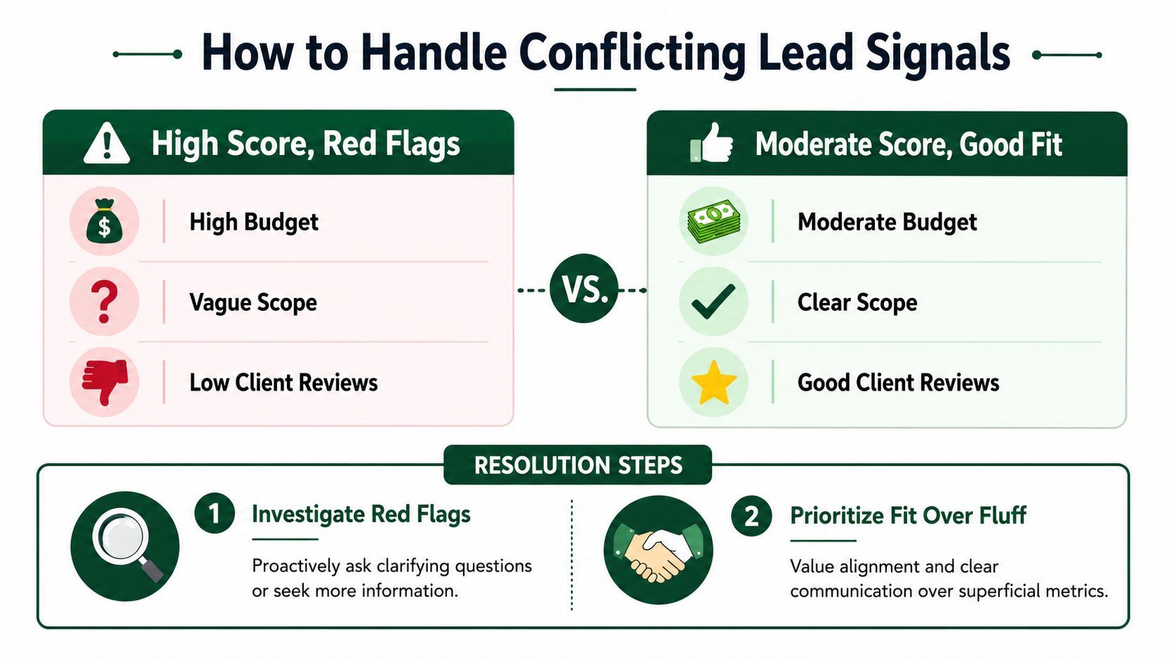 A comparison chart explaining how to evaluate and prioritize sales leads with conflicting signals and red flags.