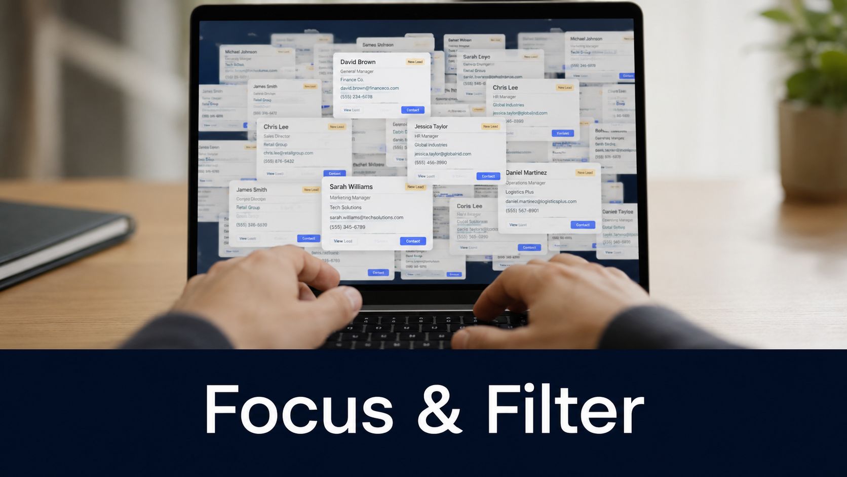 A person using a laptop to organize and filter through various digital sales lead contact cards.