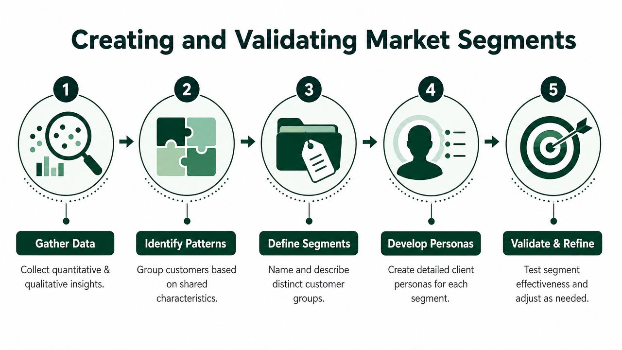A five-step flowchart illustrating the process of creating and validating market segments for business strategy.