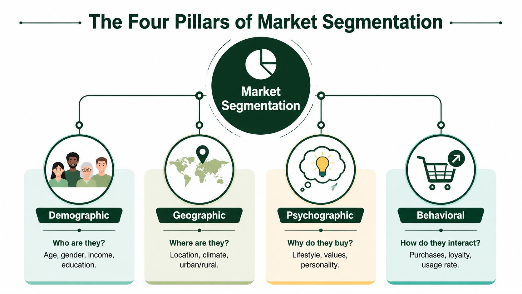 A diagram illustrating the four pillars of market segmentation: demographic, geographic, psychographic, and behavioral.