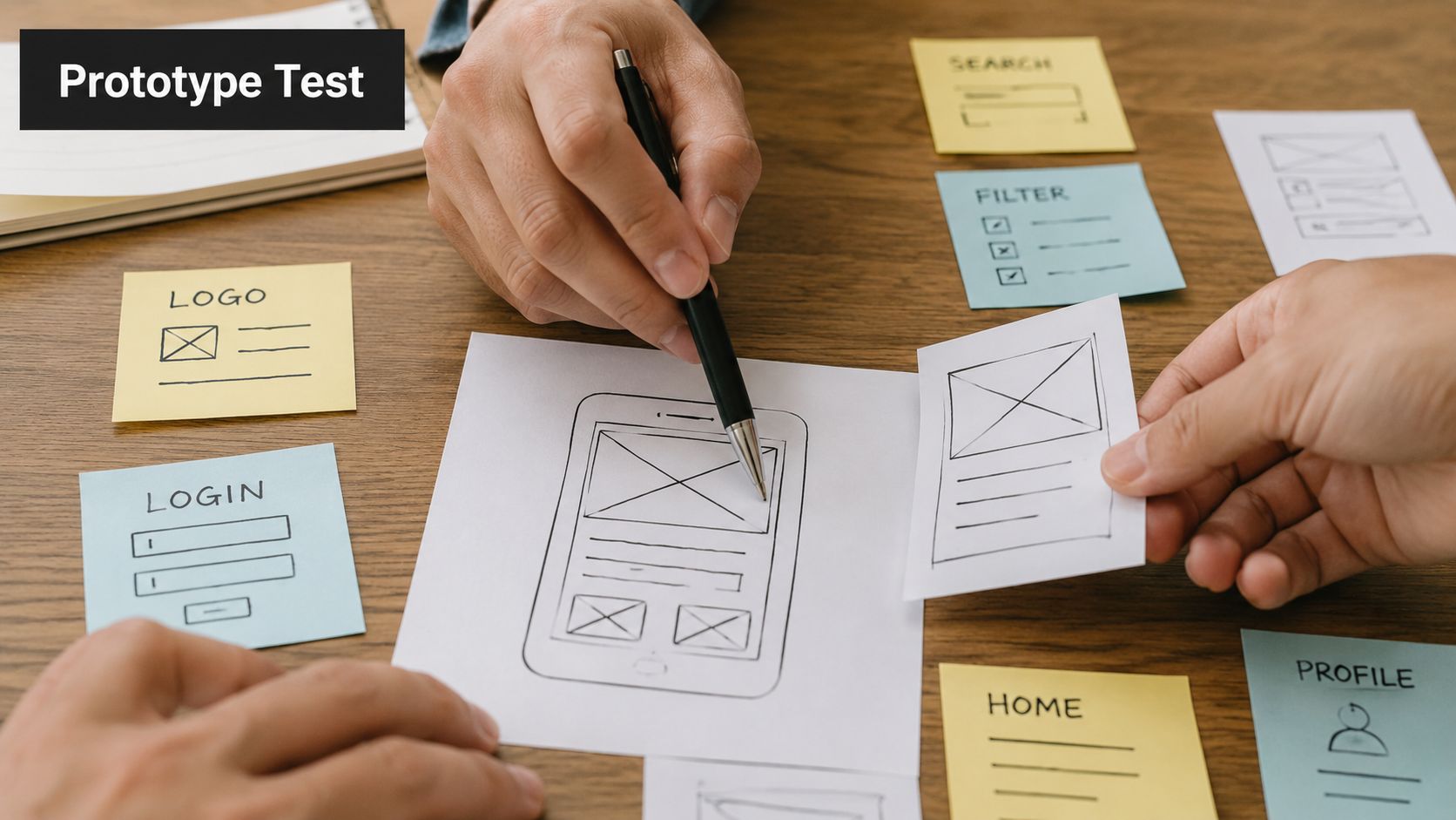 A team collaborating on a mobile app design prototype using hand-drawn sketches and sticky notes on a desk.