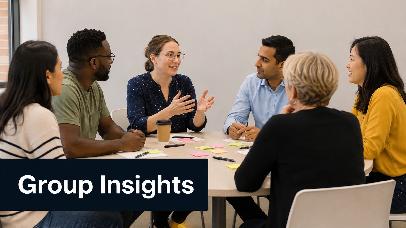 A diverse group of professionals sitting around a round table discussing ideas during a collaborative meeting.