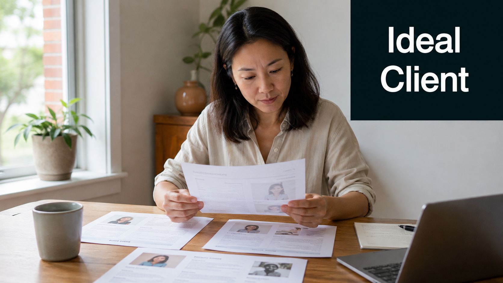 A professional woman reviewing several resumes while sitting at a desk with a laptop and coffee.