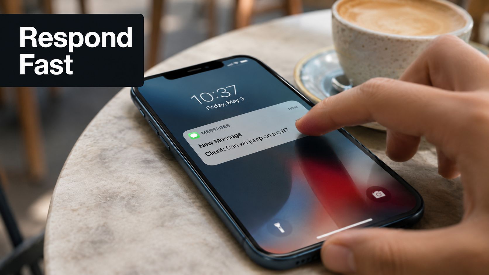 A person using a smartphone to read a message from a client asking for a call.
