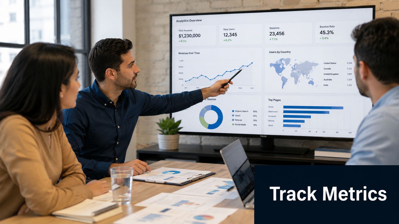 A professional team reviewing data analytics and key performance metrics displayed on a large office screen.