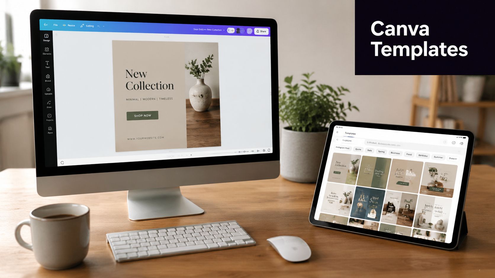 A modern workspace with a desktop computer and tablet displaying Canva templates for digital design projects.