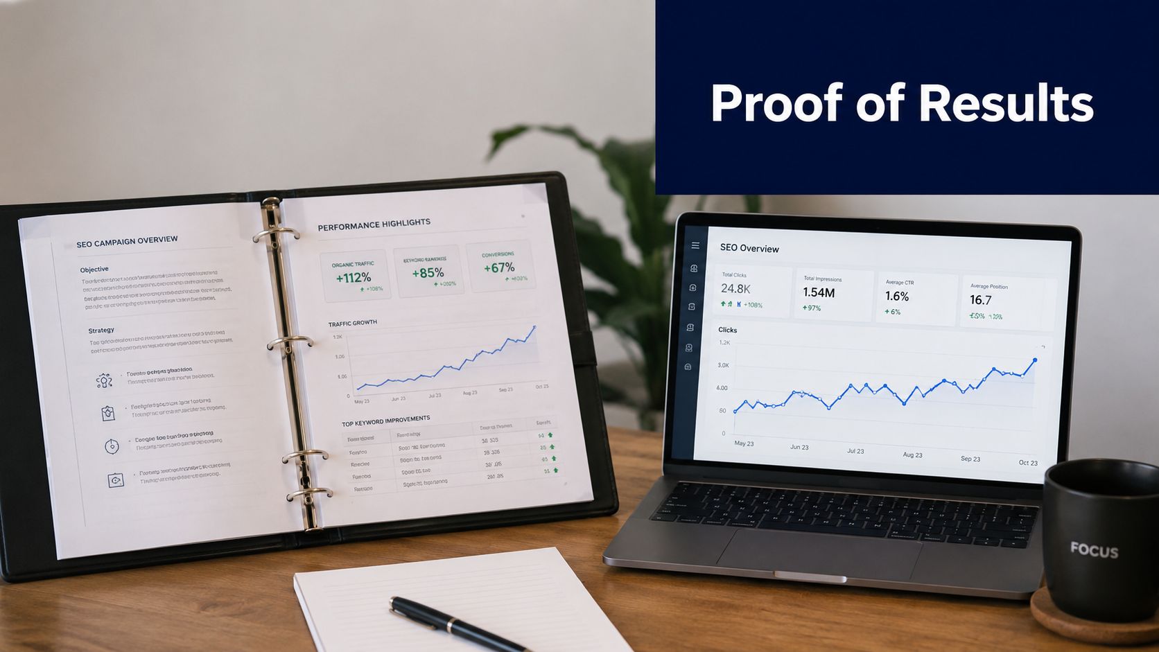 A professional desk workspace showing SEO campaign performance results on a laptop screen and printed document.