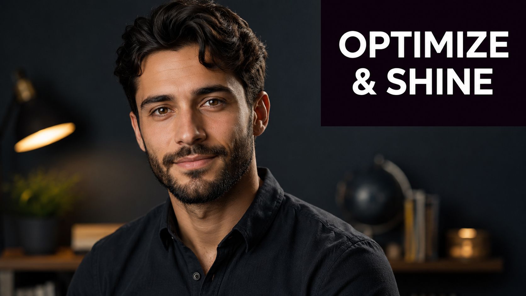 A professional portrait of a handsome young man smiling for his Upwork profile picture on dark background.