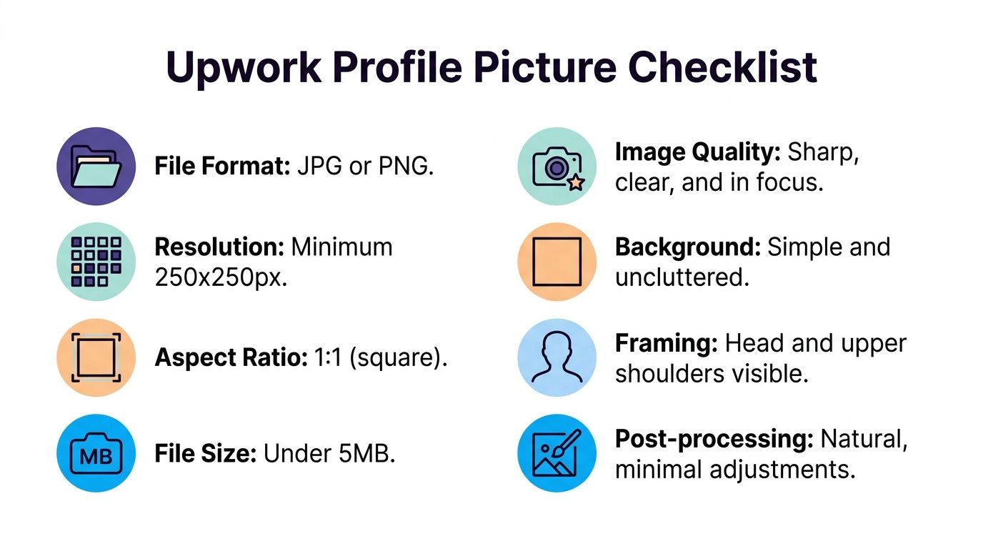 A professional infographic titled Upwork Profile Picture Checklist outlining guidelines for creating an effective freelancer profile photo.