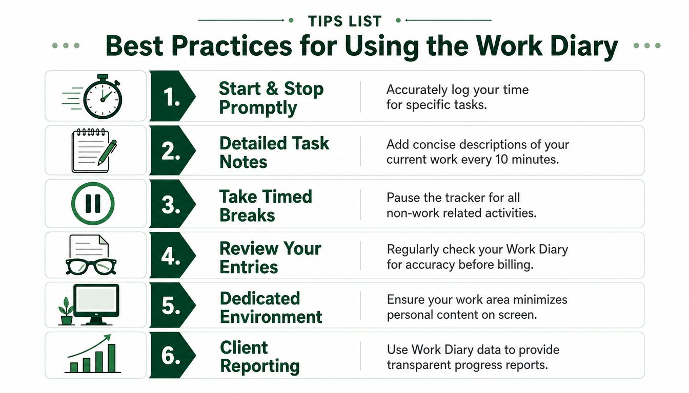 A list of six best practices for using an Upwork work diary, including time tracking and reporting.