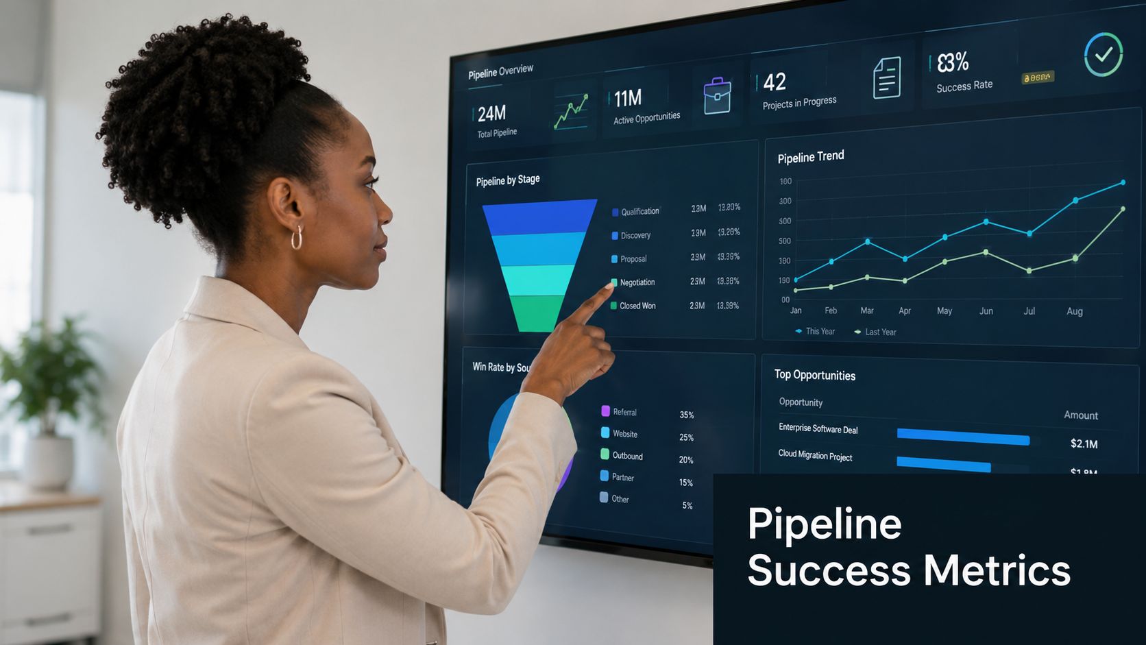A professional woman presenting data on a large digital screen displaying various business pipeline analytics and charts.