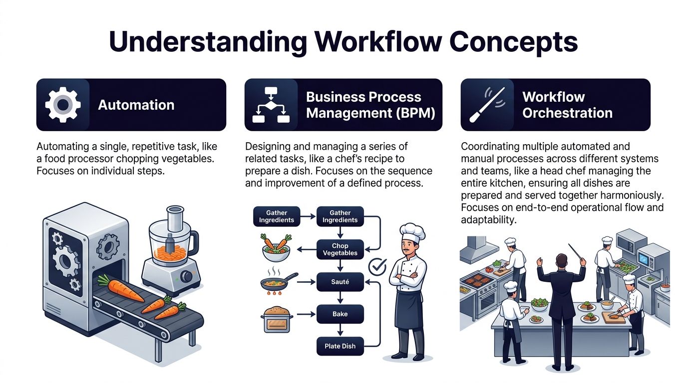 An infographic explaining the differences between automation, business process management, and workflow orchestration using kitchen-themed metaphors.