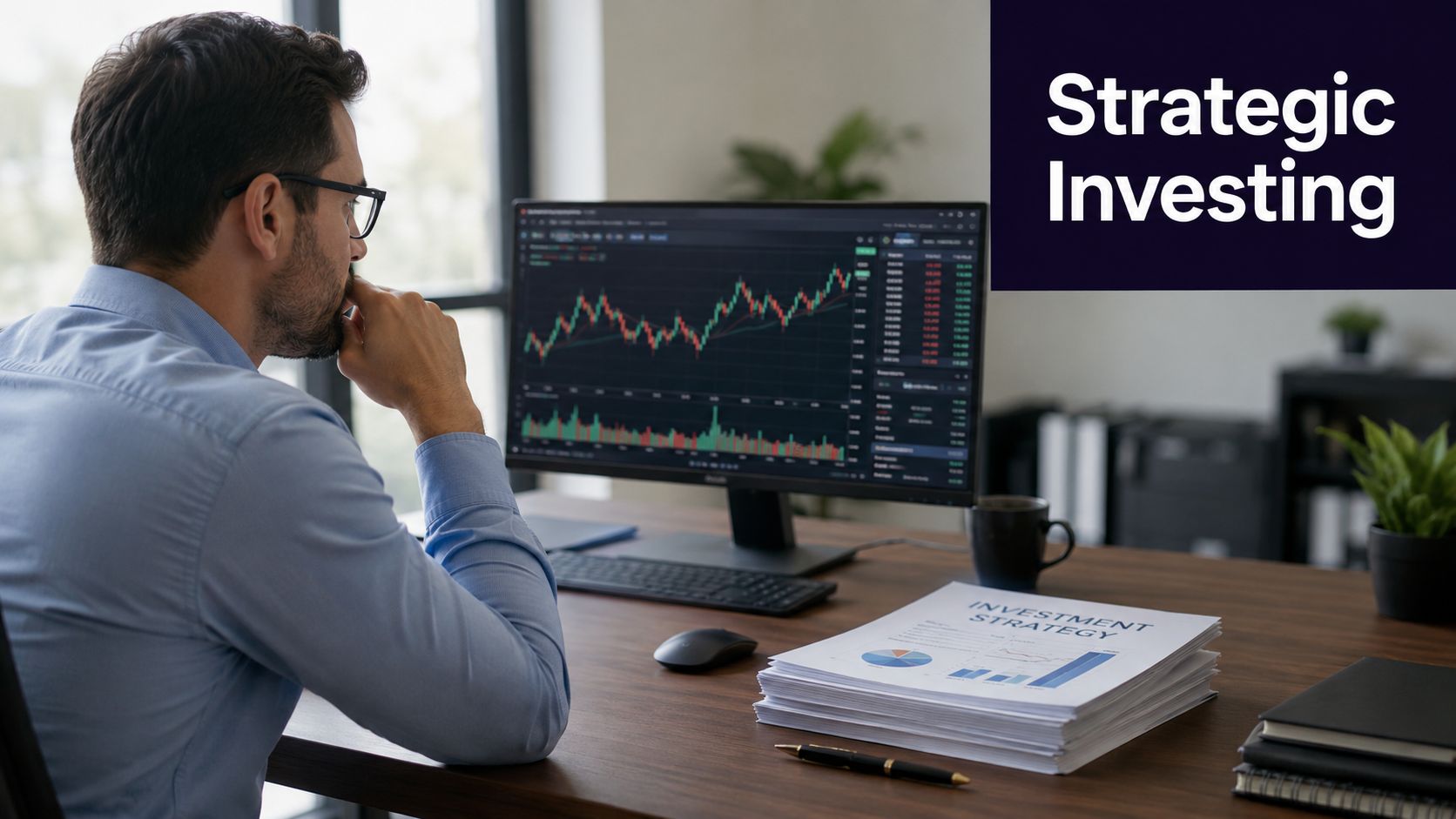 A professional man sitting at a desk while analyzing financial stock charts on a computer monitor.