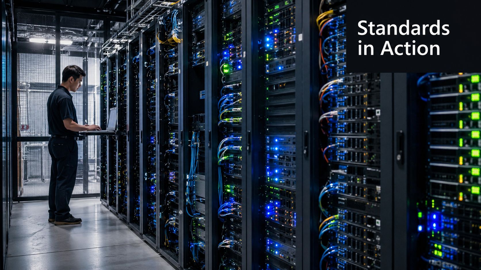 An IT technician working on a laptop while standing in a modern, well-lit server room.