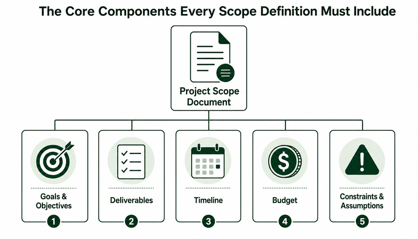 A diagram outlining the five core components of a project scope definition document for project management.