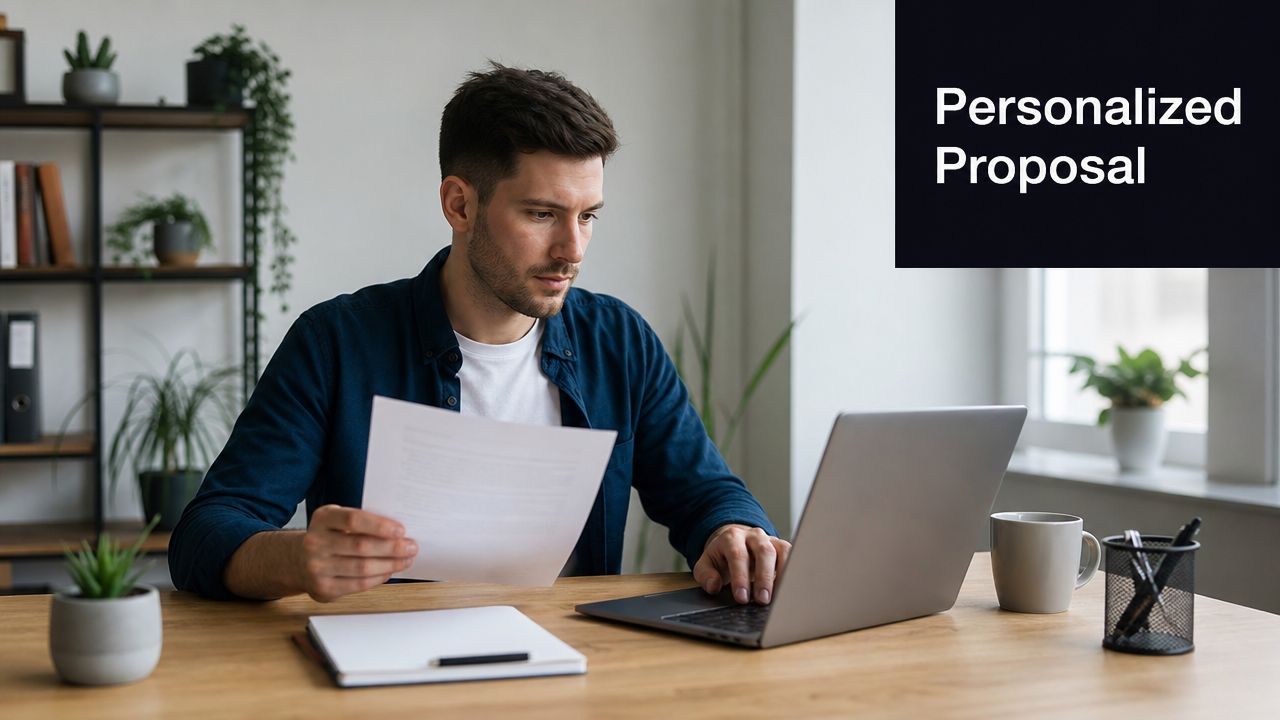 A professional man sitting at a desk reviewing a proposal document while working on his laptop.