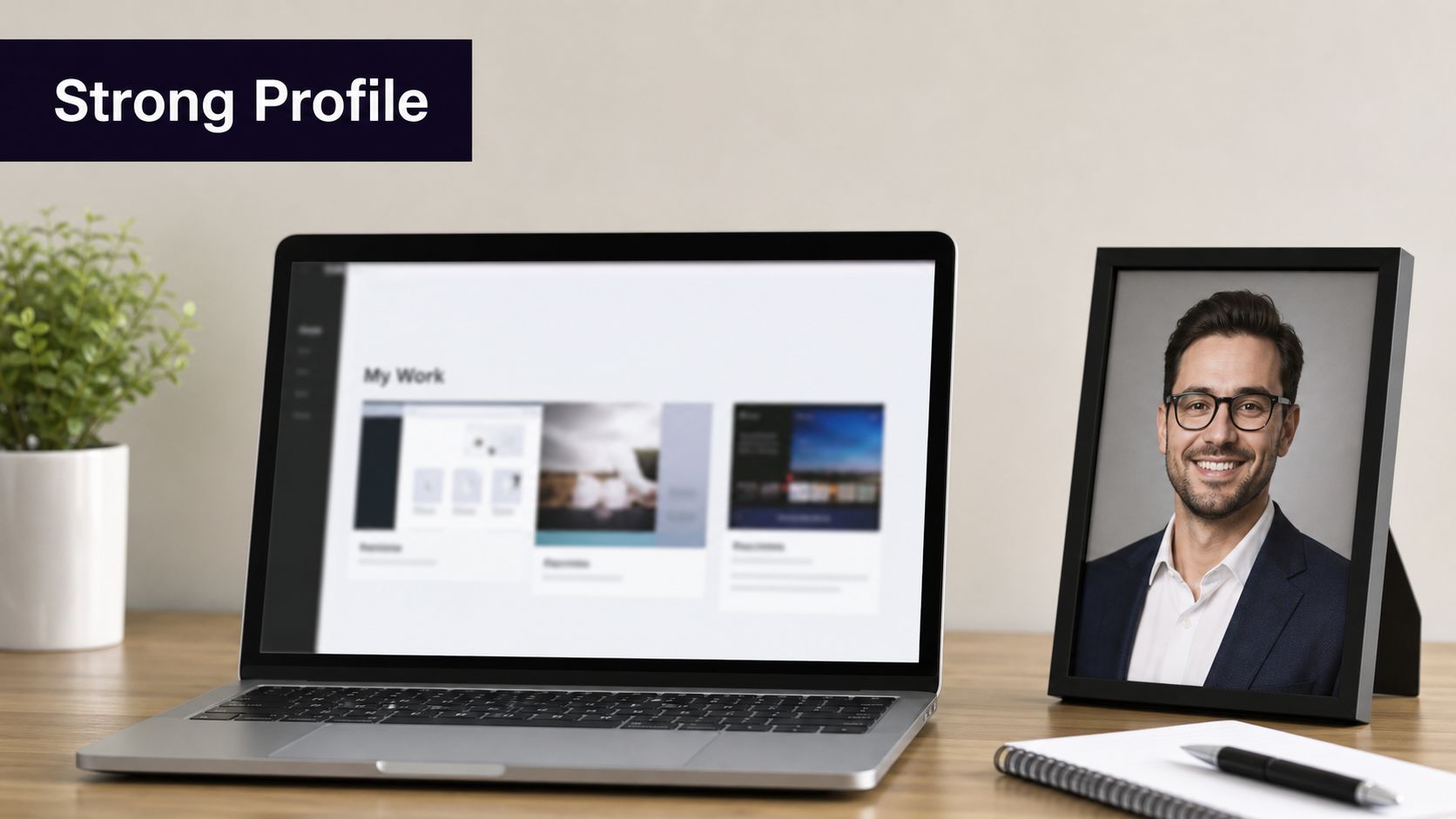 A professional workspace featuring a laptop displaying a portfolio and a framed headshot photo on a desk.