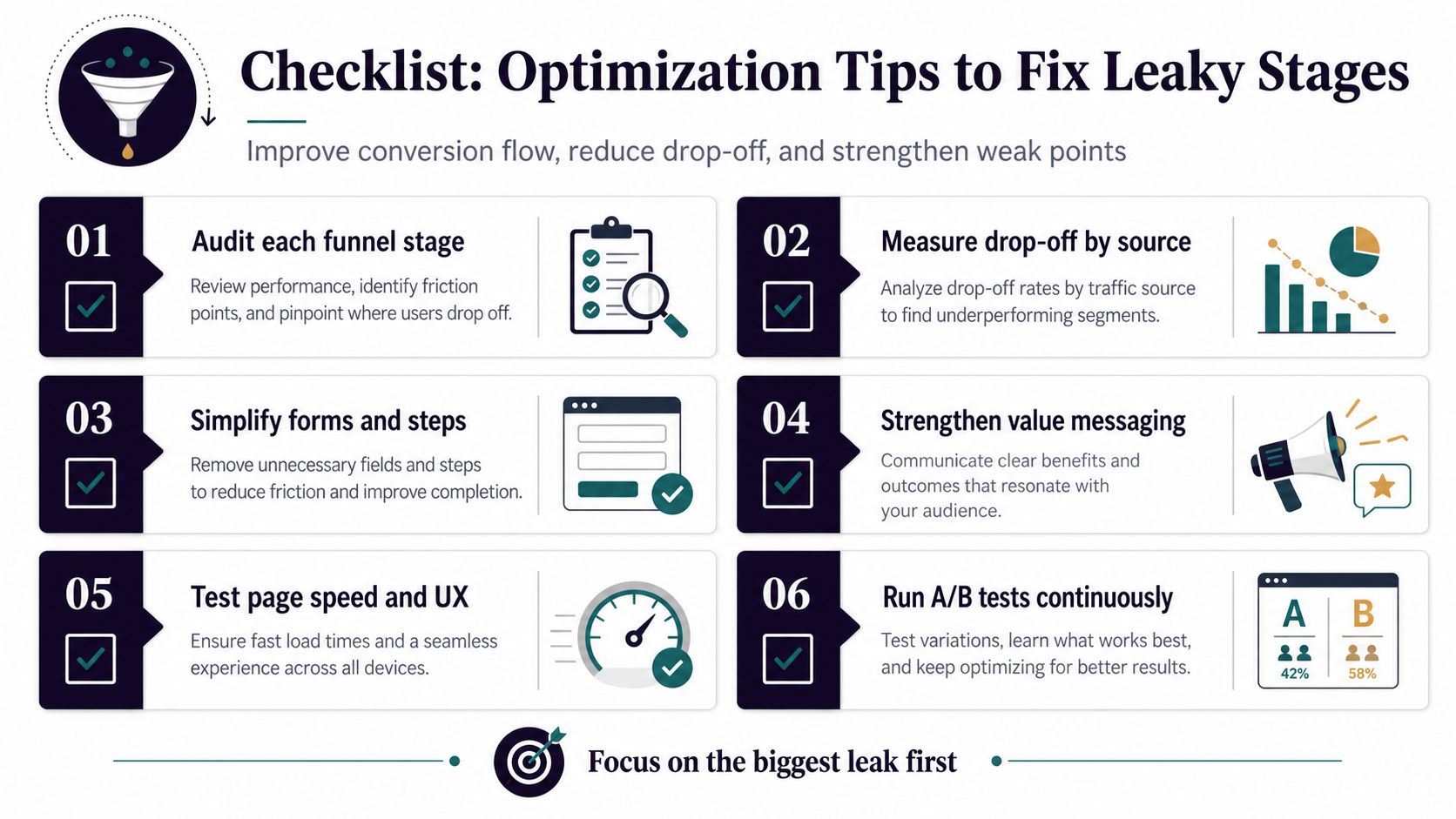 A checklist infographic titled Optimization Tips to Fix Leaky Stages, listing six strategies to improve funnel performance.