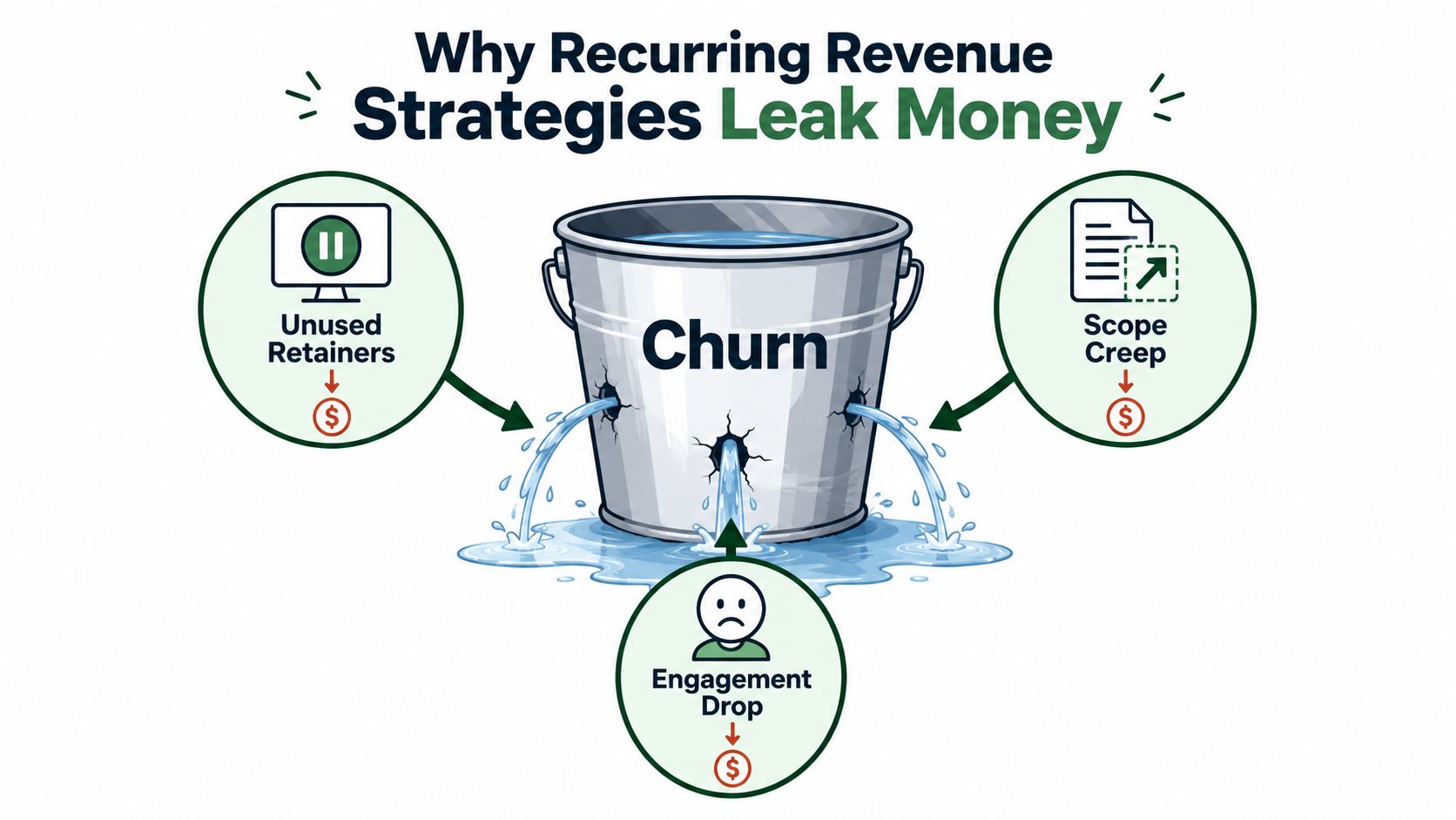 A diagram illustrating how churn, unused retainers, scope creep, and engagement drops cause recurring revenue to leak.