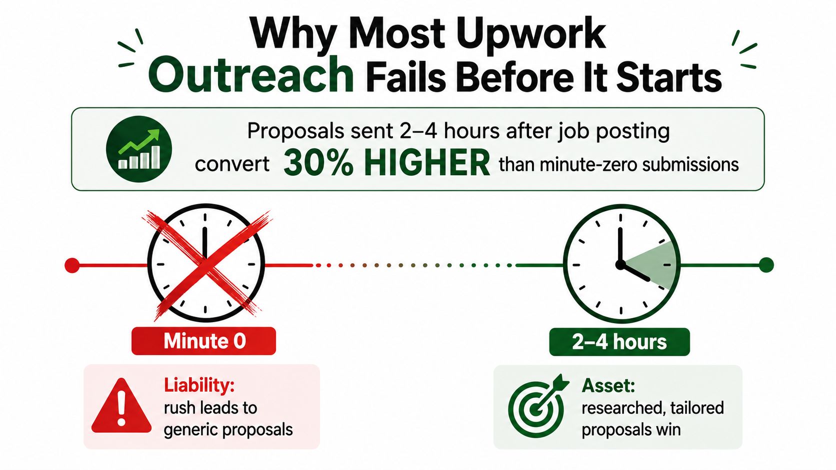 A graphic showing that Upwork proposals sent 2 to 4 hours after posting convert better than immediate ones.